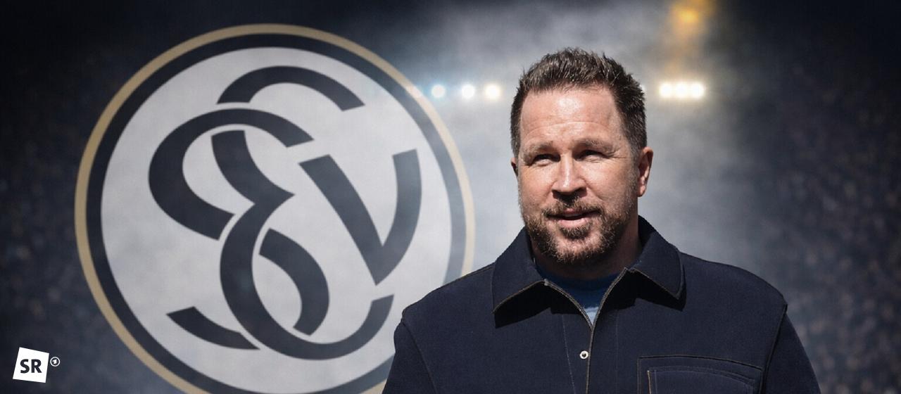 Christian Weber with the SVE logo in the background. Photomontage.