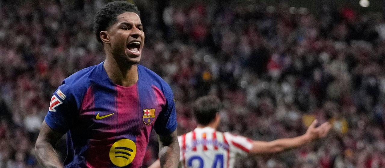 Barcelona's Marcus Rashford celebrates his goal against Atletico Madrid