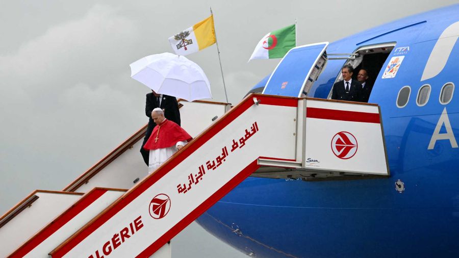 Photogallery Pope Leo XIV disembarks from the plane after landing at the Houari Boumediene International Airport