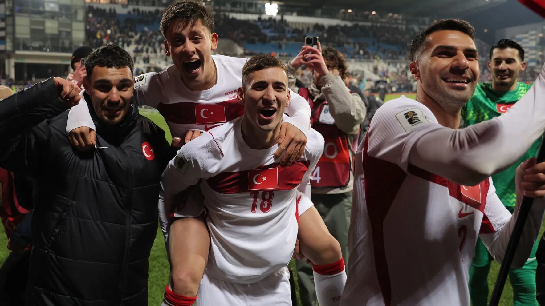 Overjoyed: Mert Müldür, Zeki Celik and Arda Güler (from left) celebrate Turkey's qualification for the World Cup.