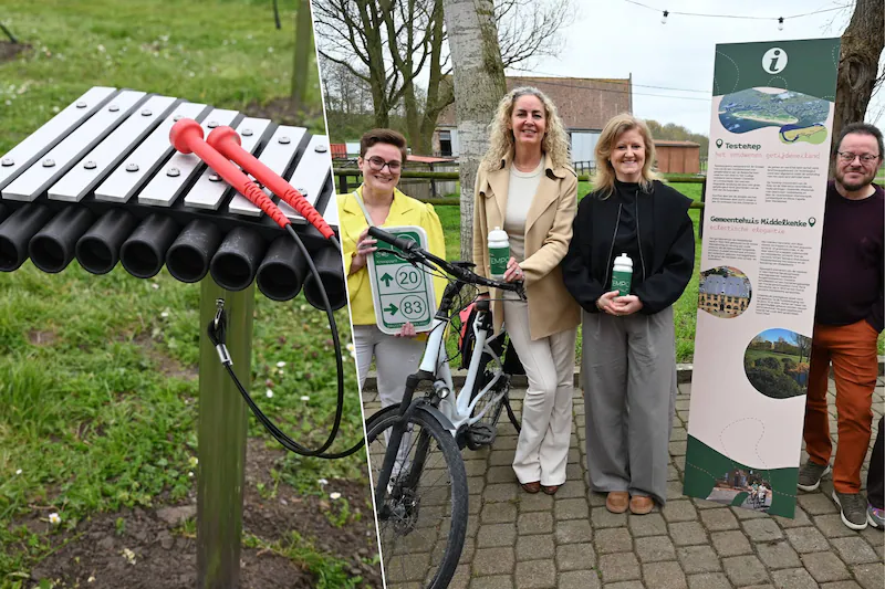 Musical instruments are set up in Slijpe. / Aurélie Duriau (Coast regional marketing employee at Westtoer), councilor Natacha Lejaegher and employees at the Middelkerke tourism department Anne-Laure Proot, Bart Verdonck and Nicole Deswaef.