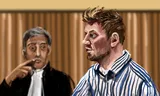 Court drawing of Martijn N. (right) with his lawyer Gerard Spong in the Amsterdam court. 