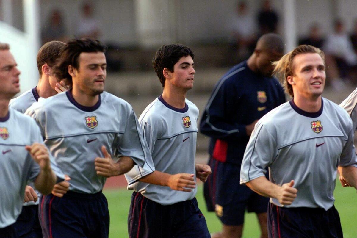 Mikel Arteta in training with Luis Enrique and Zenden