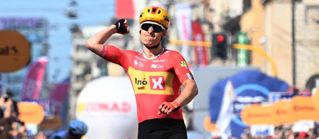 Frederik Dversenes celebrates on the 15th stage of the Giro d'Italia
