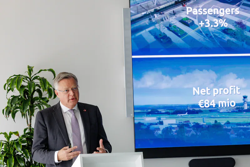 Arnaud Feist, CEO of Brussels Airport, presents the airport's financial results for 2025 on May 8, 2026.