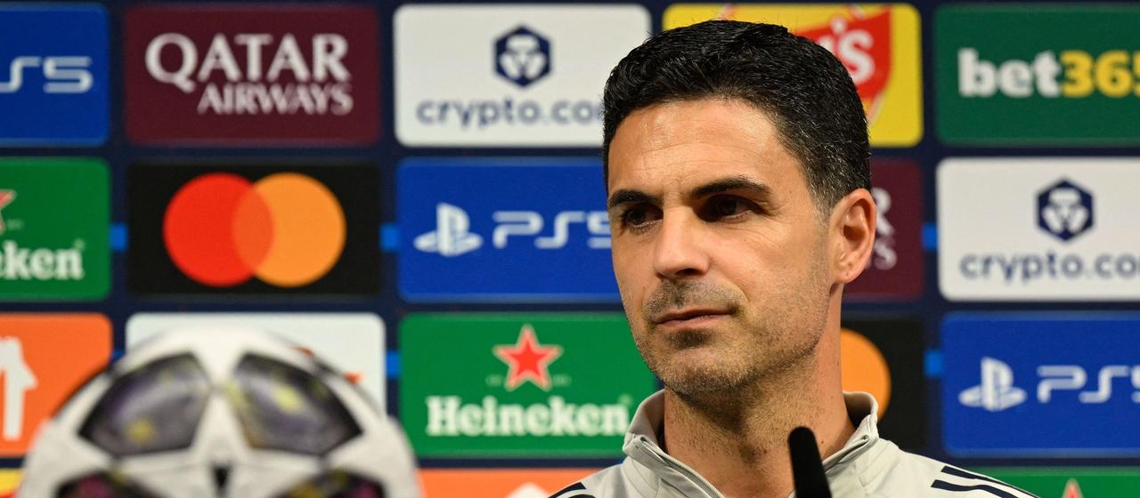 Arsenal coach Mikel Arteta speaks at the press conference ahead of the Champions League final against PSG