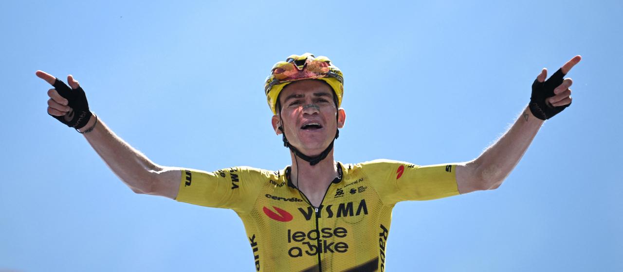 Team Vismas Sepp Kuss celebrates his victory in the 19th stage