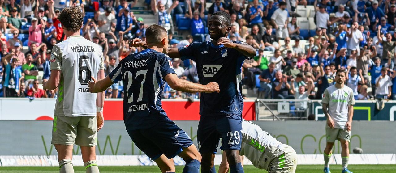 Hoffenheim's Andrej Kramaric (2nd from left) and Bazoumana Toure celebrate his goal against Werder Bremen