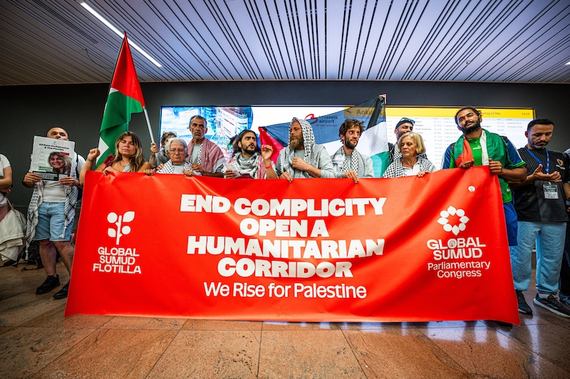 The Belgian activists of the Global Sumud Flotilla upon their arrival at Brussels Airport.