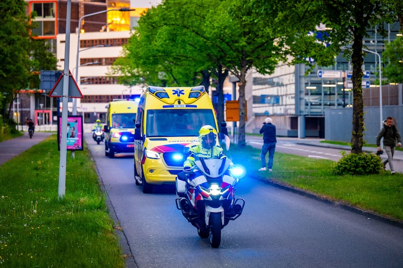 A convoy of ambulances with a patient from the cruise ship MV Hondius who may be infected with the hantavirus arrives at the Leiden University Medical Center (LUMC).