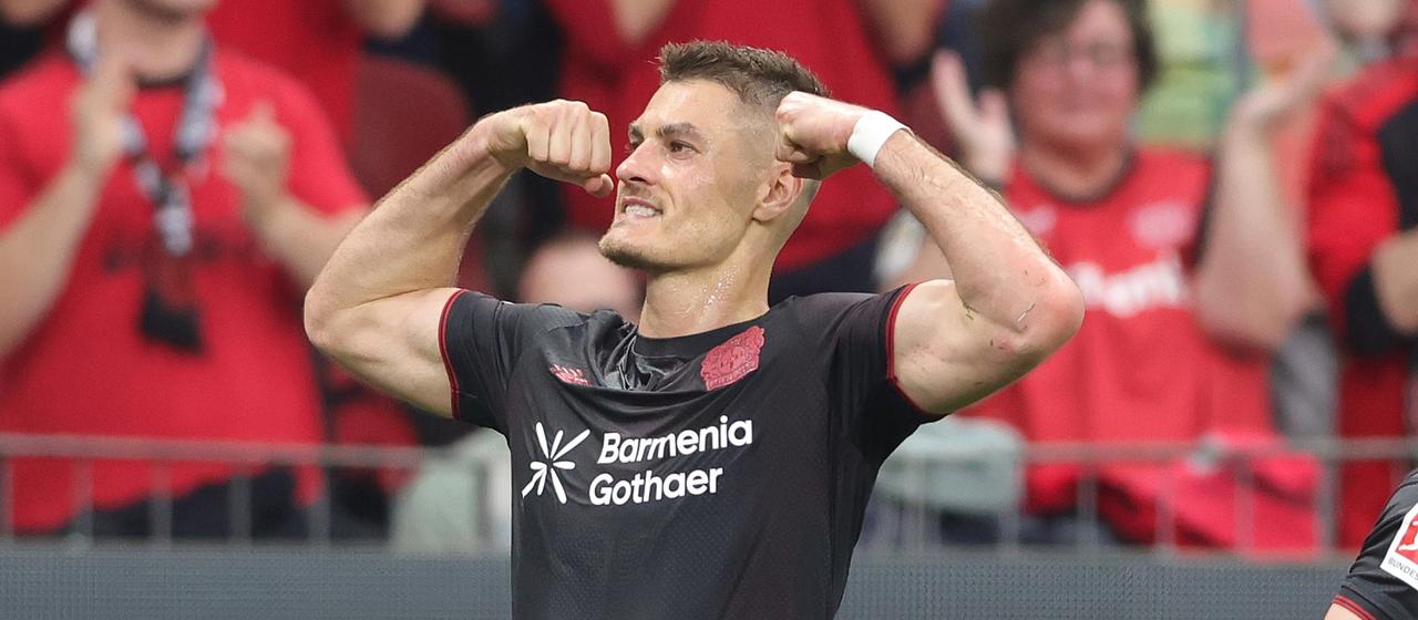 Professional soccer player Patrik Schick from Bayer 04 Leverkusen celebrates a goal against RB Leipzig