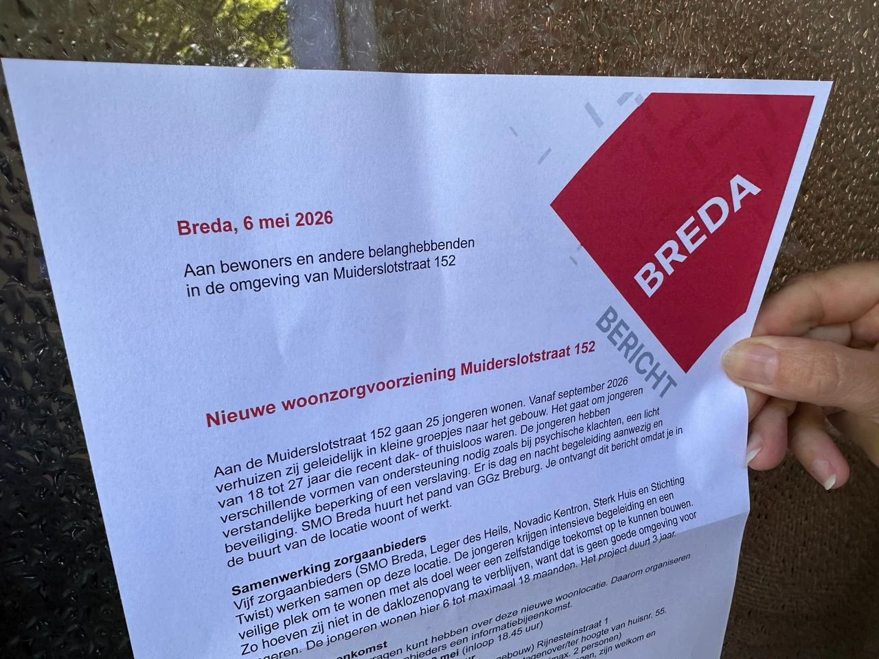 The letter that the municipality of Breda sent to the neighborhood about the new homeless shelter.