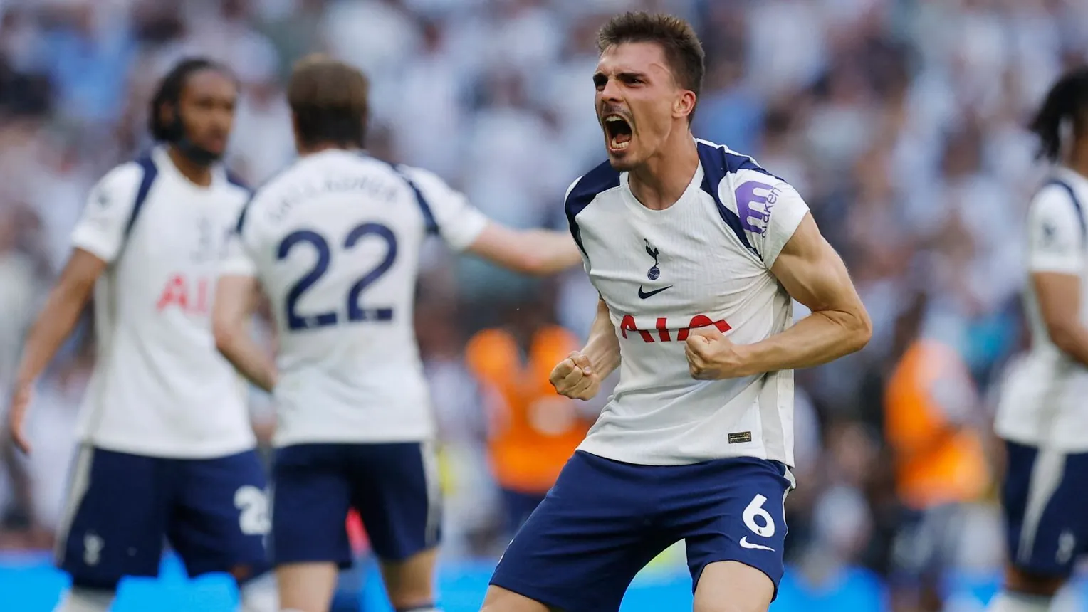 Match winner: Tottenham's Palhinha celebrates his goal against Everton. Match winner: Tottenham's Palhinha celebrates his goal against Everton.