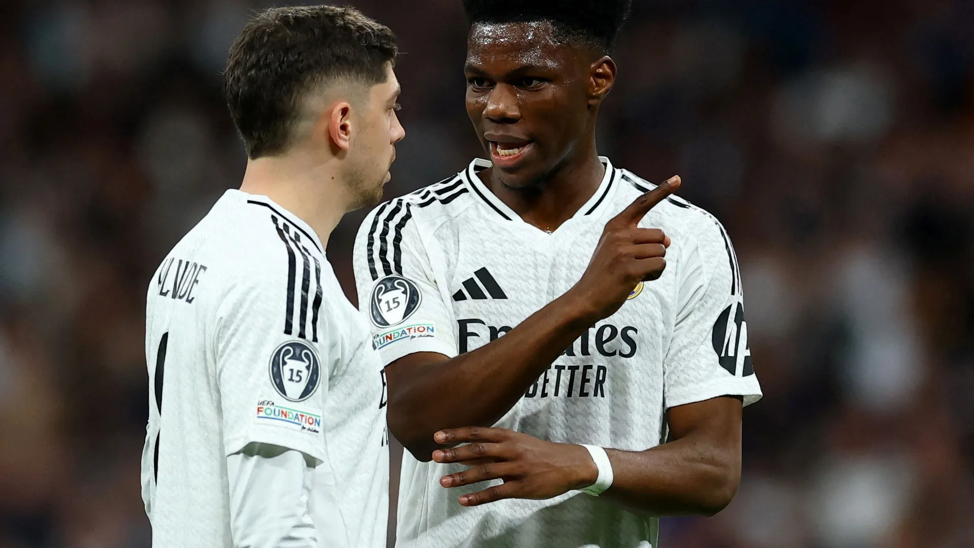 Trouble with the Galactic: Real Madrid's Federico Valverde and Aurelien Tchouameni don't agree. Trouble with the Galactic: Real Madrid's Federico Valverde and Aurelien Tchouameni don't agree.