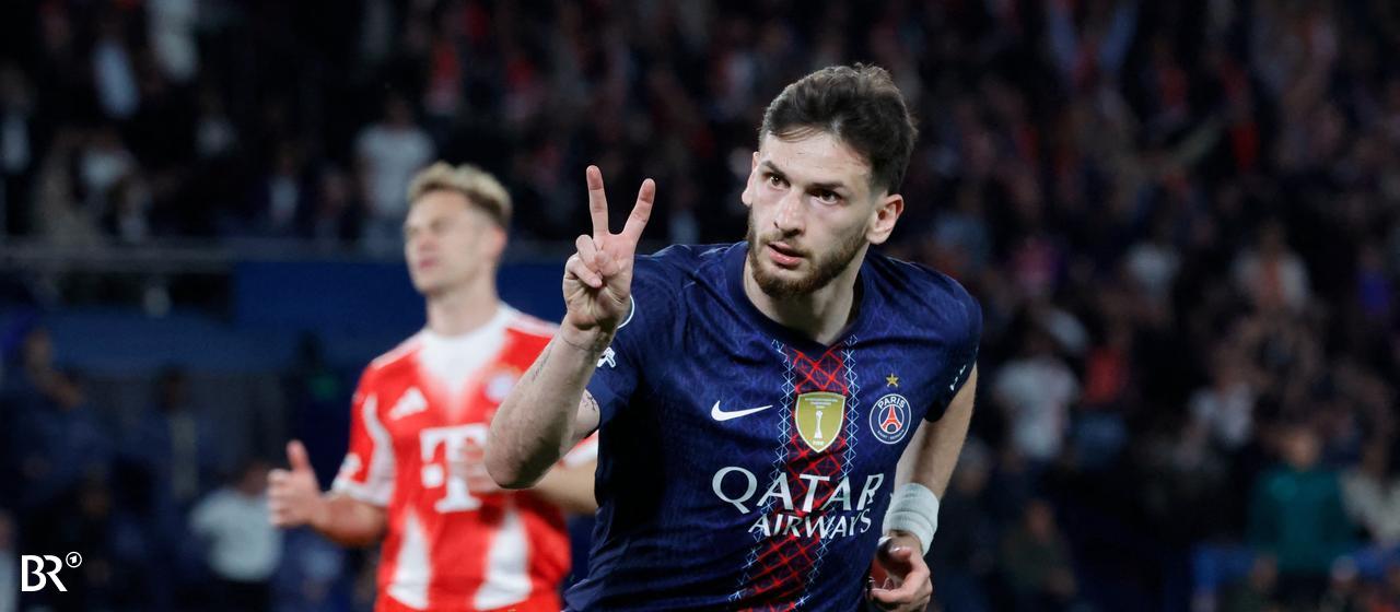 PSG's Khvicha Kvaratskhelia celebrates his goal against Bayern in the Champions League