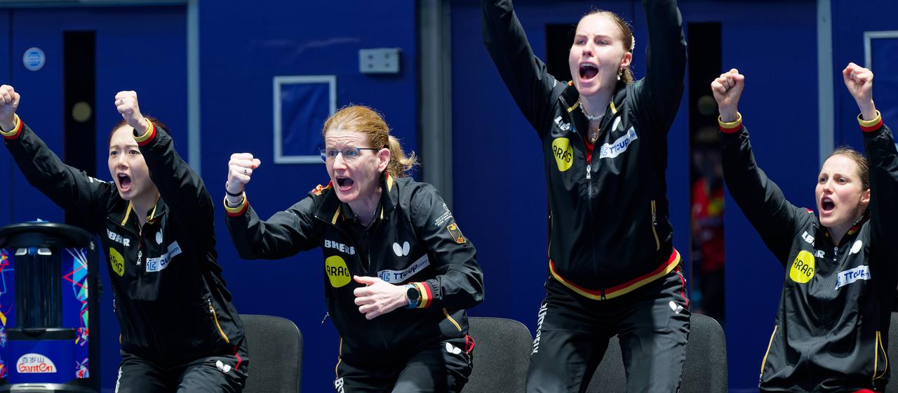 The German women's national team celebrates at the World Table Tennis Team Championships in London