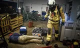 The fire brigade of Gasselternijveen in Drenthe practices cleaning up chemical substances.