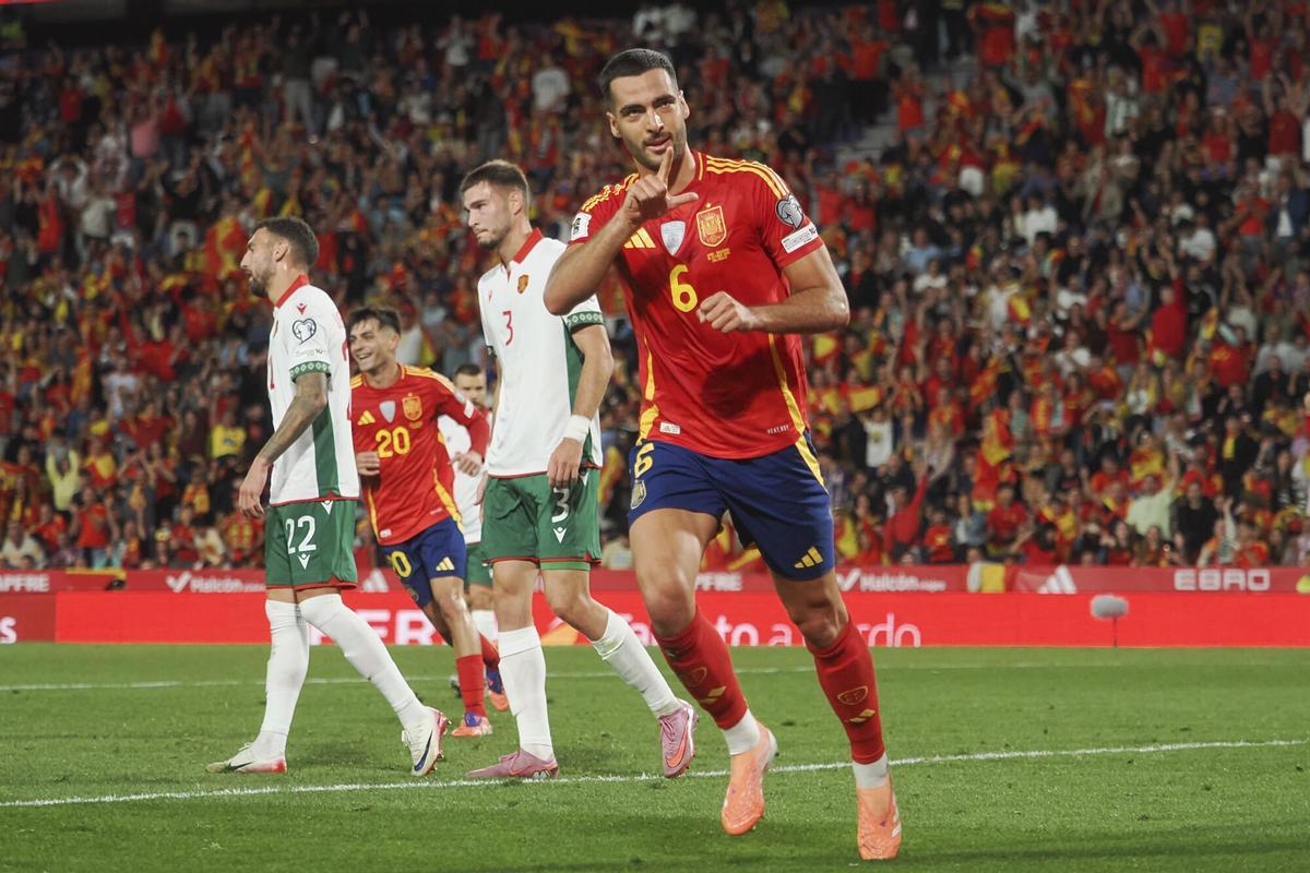 Mikel Merino celebrates one of his two goals in the 2026 World Cup qualification match against Bulgaria in Zorrilla
