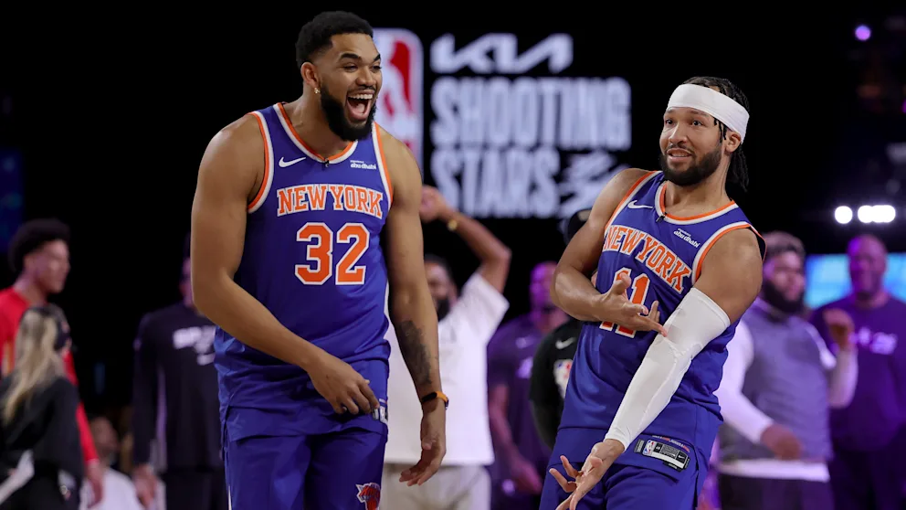 Die beiden größten Stars der New York Knicks: Karl-Anthony Towns Jr. (30/l.) und Jalen Brunson (29)