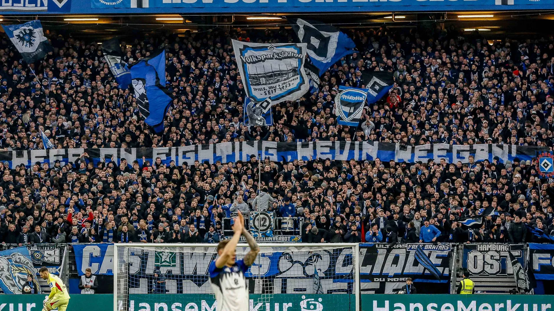 "Keep on fighting Kevin Keegan" (Archive image): A banner from the HSV fans for Kevin Keegan, who is suffering from cancer.