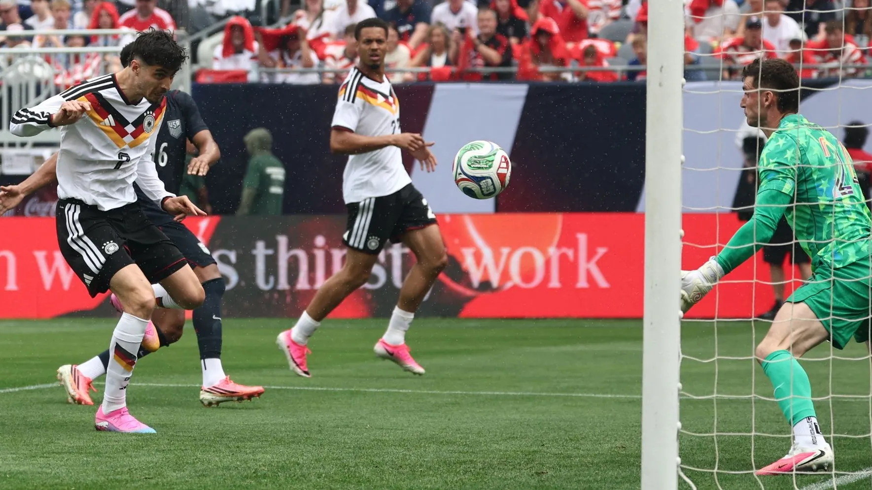 The 1-0: Kai Havertz (left) scores with a header against the USA.