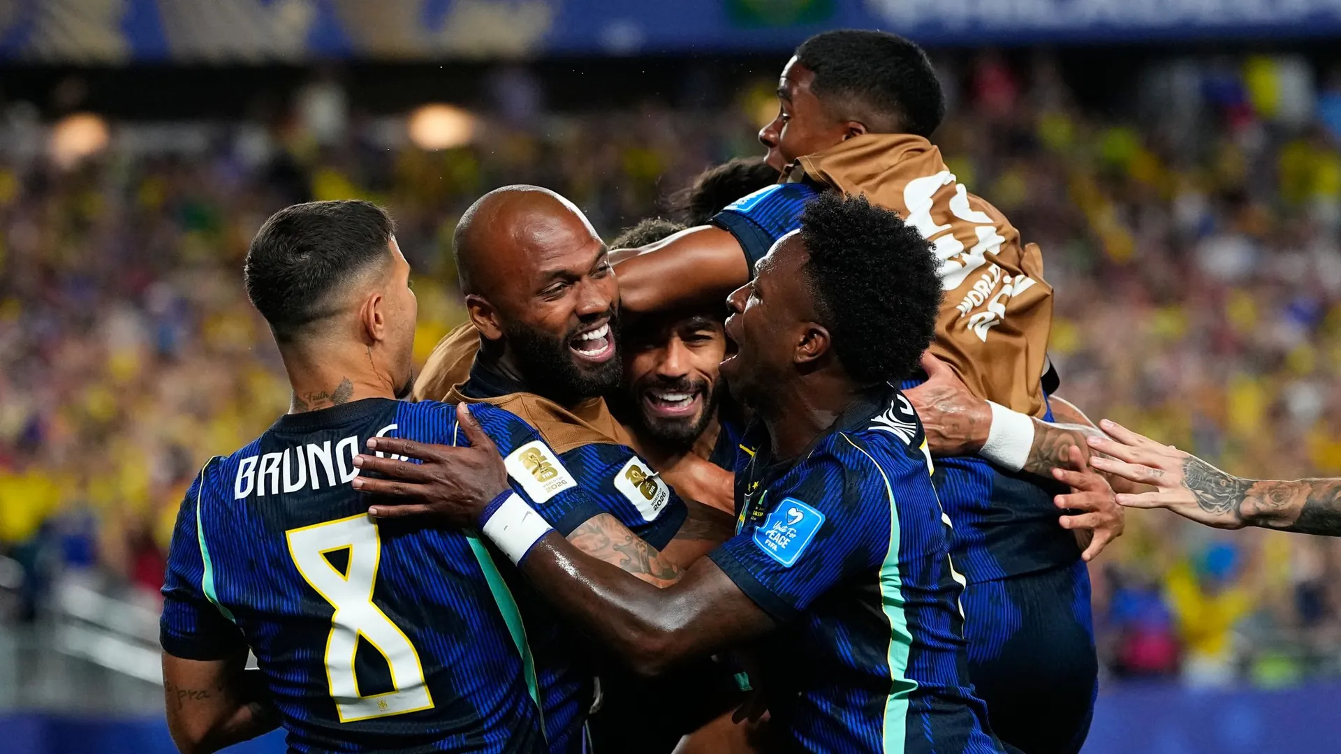 The Brazilians celebrate: Matheus Cunha scored twice.