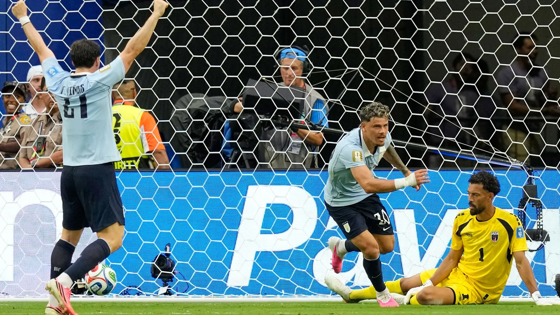 Maxi Araujo (M) celebrates his goal to make it 1-1 for Uruguay. Maxi Araujo (M) celebrates his goal to make it 1-1 for Uruguay.