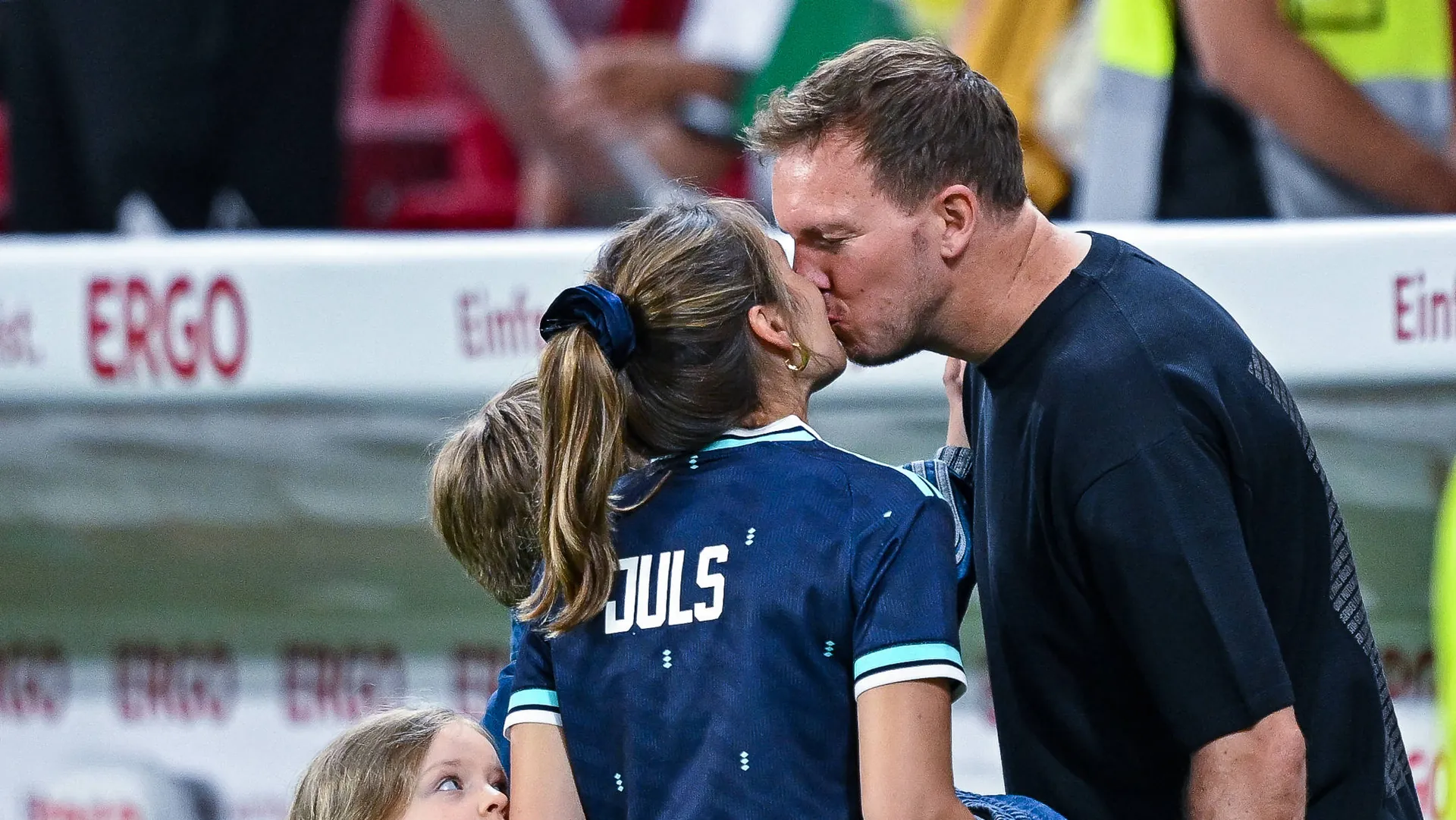 May 31, 2026: Julian Nagelsmann and Lena Wurzenberger kiss each other after the game before the World Cup between Germany and Finland.