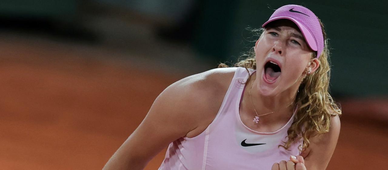 Mirra Andreeva celebrates reaching the final at the French Open