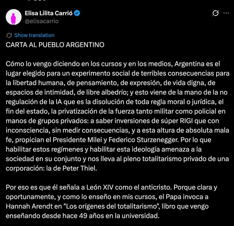 Carrió’s open letter against AI and the tycoon Peter Thiel, strategic partner of Milei