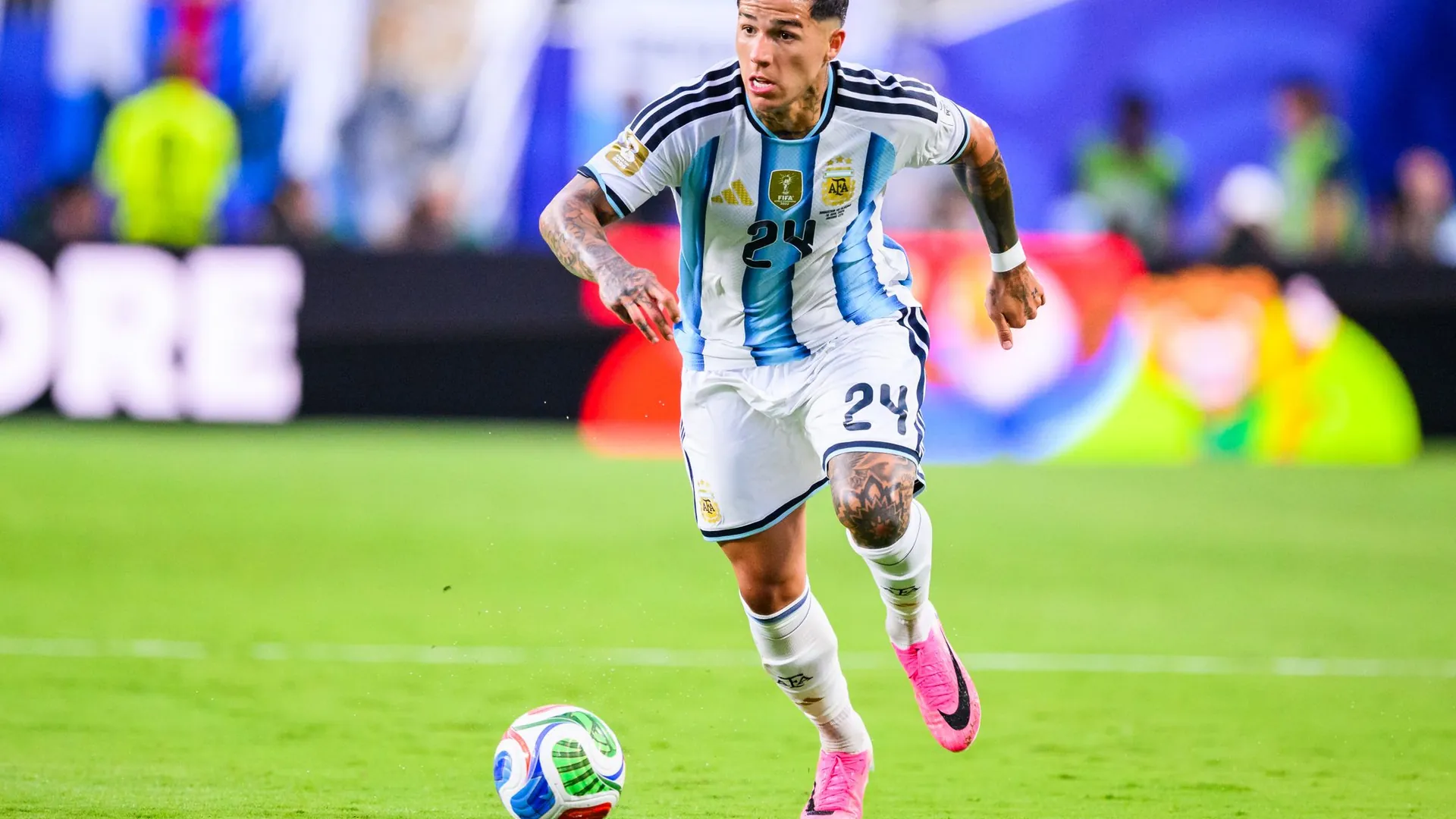 Argentina's Enzo Fernández in action. He will play at the World Cup alongside his childhood idol Lionel Messi.