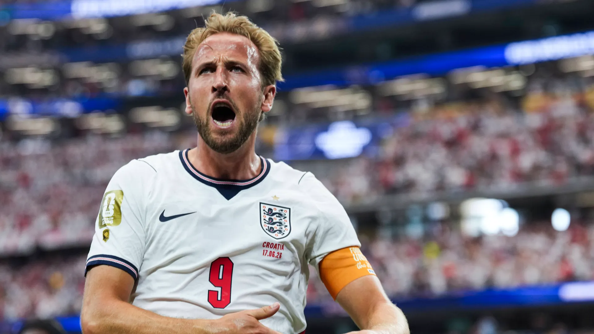 Harry Kane celebrates his brace against Croatia.