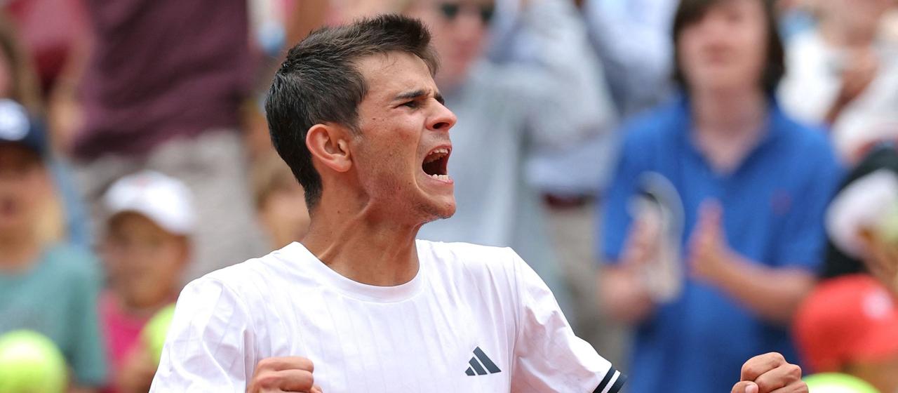 Spaniard Rafael Jodar celebrates his victory at the French Open over Pablo Carreno