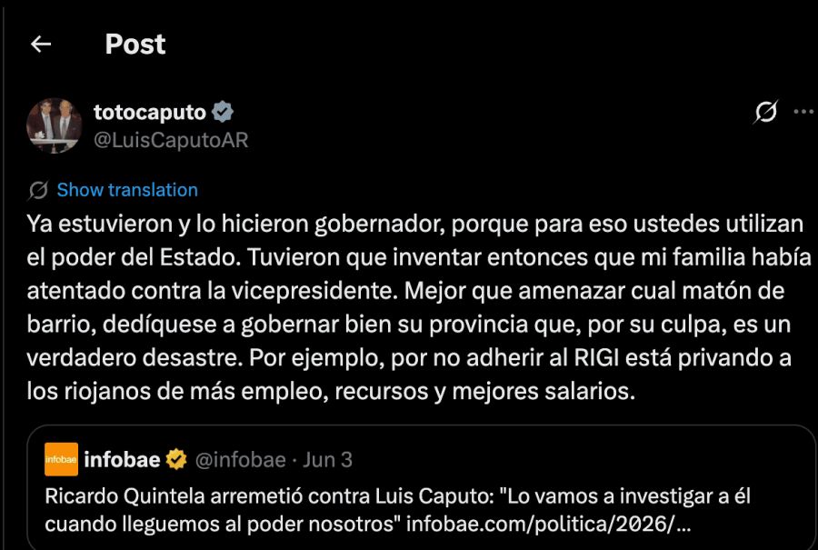 Luis “Toto” Caputo: “They had to invent that my family attacked Cristina”