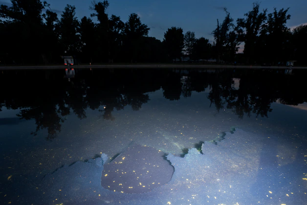 Algae and peeling paint in the mirror pond.