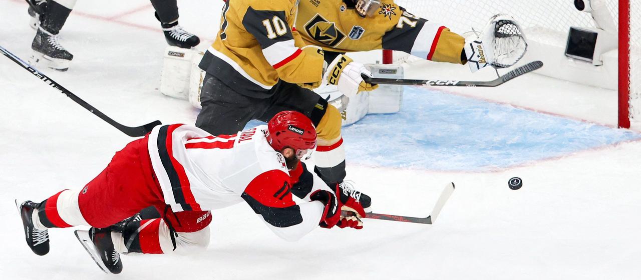 Jordan Staal of the Carolina Hurricanes scores a goal in the game against the Vegas Golden Knights