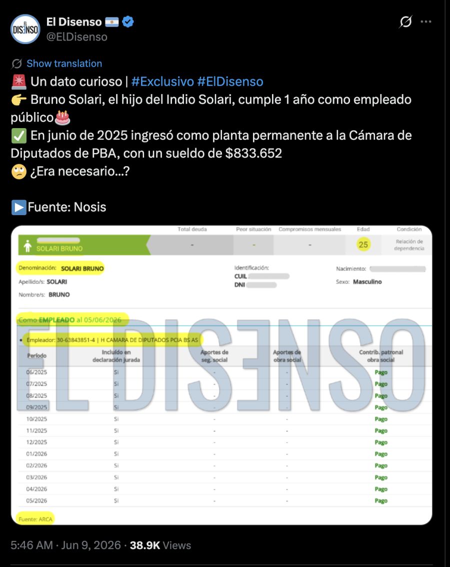 The son of Indio Solari celebrates one year as an employee of Buenos Aires Deputies