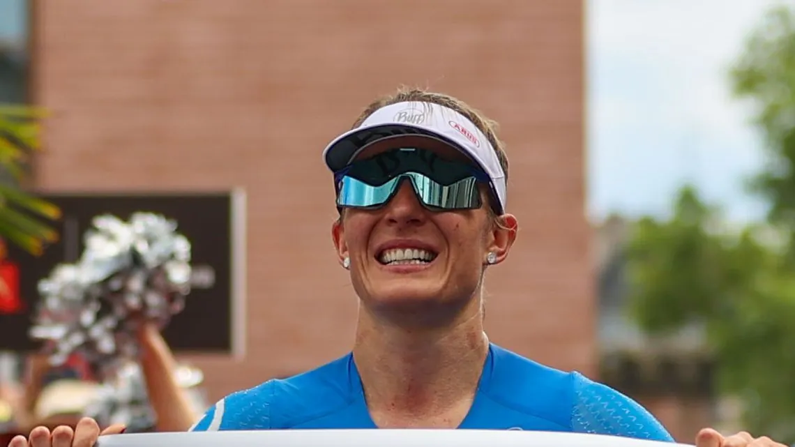 Triathlete Daniela Bleymehl from Germany crosses the finish line as the winner: She celebrated a successful return after a maternity break at the Frankfurt Ironman.