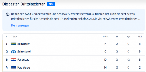Überblick: Die besten Gruppendritten bei der WM 2026.